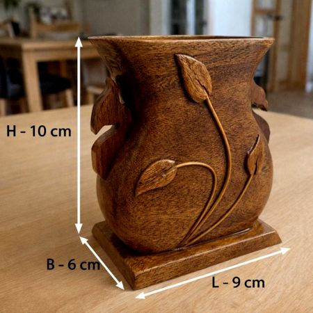 Handmade Wood Vase Pen Pot with Leaf Design